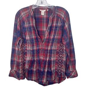 Sundance Plaid Embroidered Shirt Women's Size S Red Blue Cotton Boho